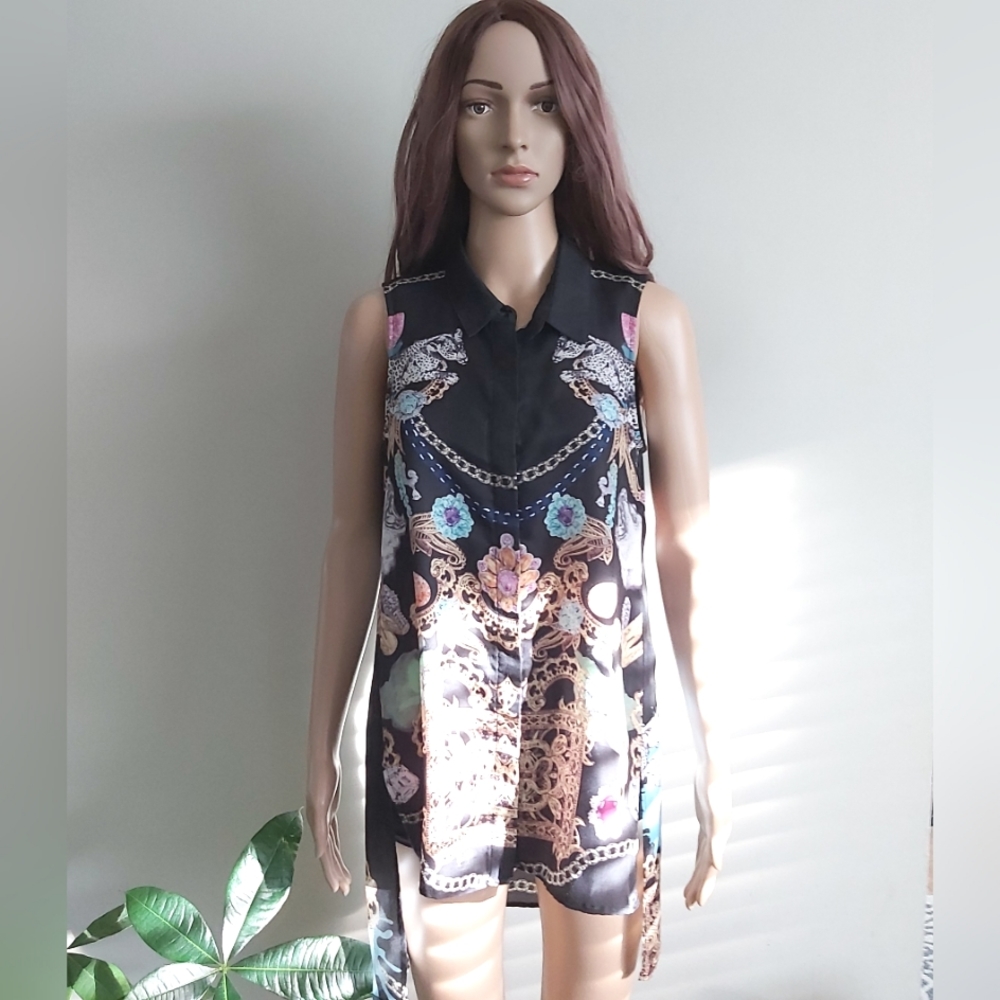 BARDOT black sleeveless blouse top button down high low long line tunic